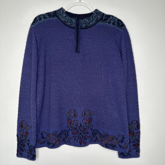 Caamano Pullover Sweater 100% Alpaca Hand Knit Peruvian Purple Floral Large - Picture 1 of 7